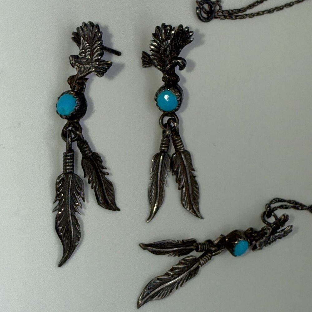 Native American earrings necklace eagle feather turquoise gems vintage jewelry - Picture 2 of 11